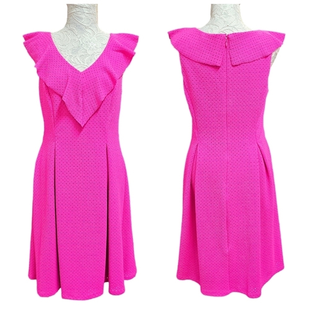 Eliza J Dress Womens Neon Pink Perforated Shift Midi V-Neck Barbiecore Ruffle 8
